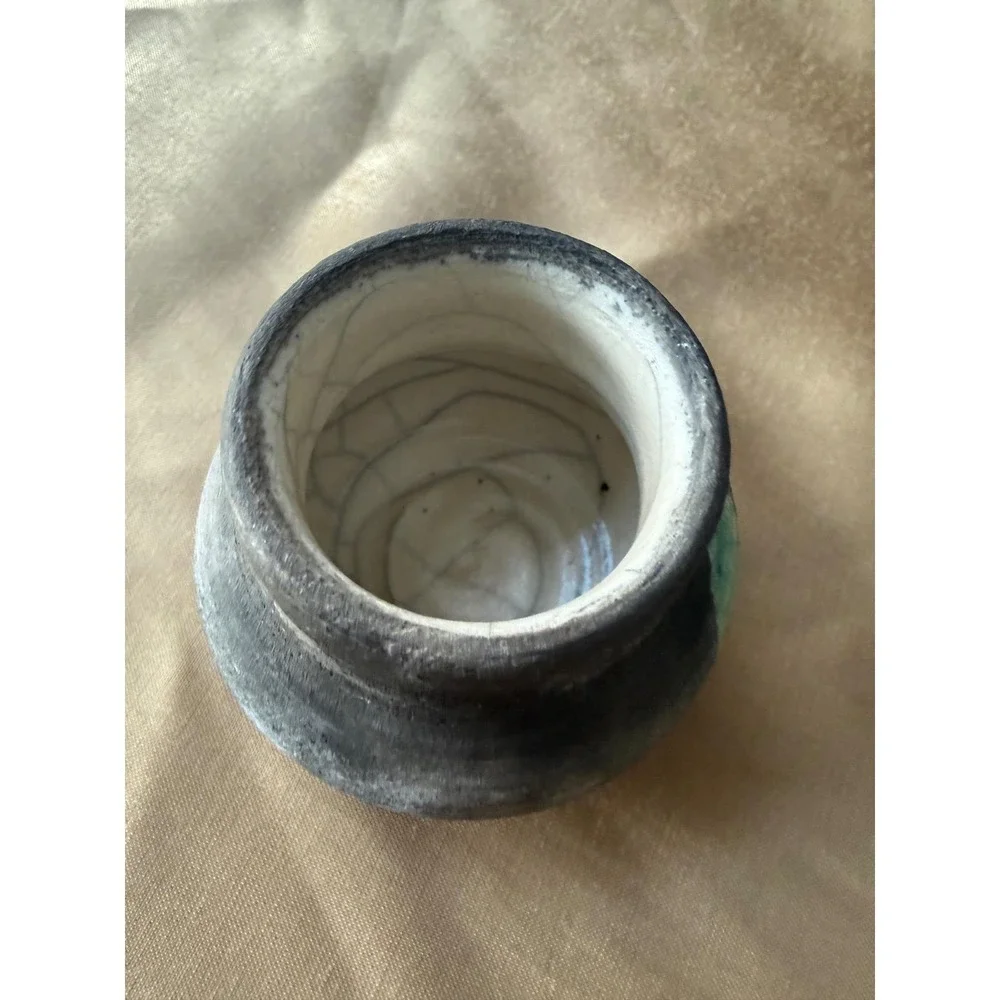 Lynn Dee Studio Pottery Raku Lidded Jar Green Grey Abstract Leaf Signed Art Ware